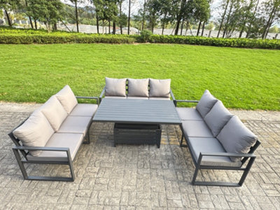 Fimous U-Shaped Garden Furniture Set 9-Seater Aluminium With Adjustable Rising Lifting Dining Table Dark Grey from B&Q