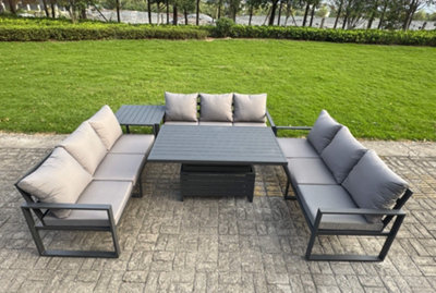 B&Q -  U-Shaped Garden Furniture Set 9-Seater Aluminium With Adjustable Rising Lifting Dining Table Side Table Dark Grey