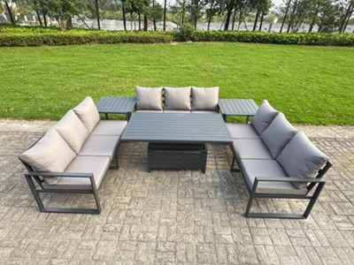 B&Q -  U-Shaped Garden Furniture Set 9-Seater Aluminium With Adjustable Rising Lifting Dining Table 2 Side Tables Dark Grey