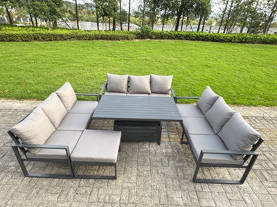 Fimous U-Shaped Garden Furniture Set 10-Seater Aluminium With Adjustable Rising Lifting Dining Table Big Footstool Dark Grey from B&Q