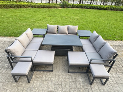 Fimous Aluminum Outdoor Patio Furniture Set With Adjustable Rising Lifting Dining Table 4 Footstools 2 Side Tables Dark Grey from B&Q