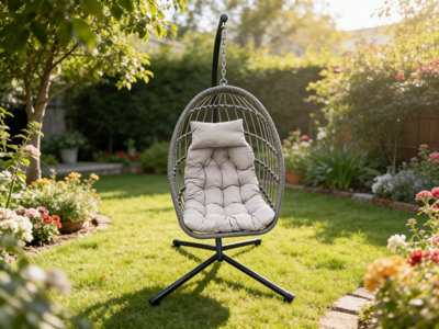 Fimous Indoor Outdoor Patio Rattan Single Egg Hanging Chair Garden With Grey Thick Cushion from B&Q