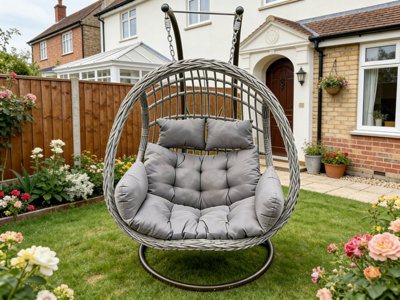 Fimous Indoor Outdoor Patio Rattan Two Seater Egg Hanging Chair Garden With Grey Thick Cushion from B&Q