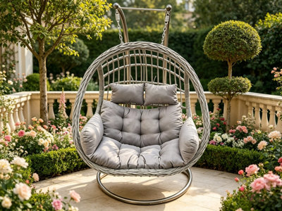 Fimous Rattan Garden Two Seater Hanging Egg Chair Indoor Outdoor Patio Furniture With Grey Cushion from B&Q