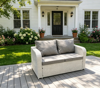 B&Q -  2 Seater Sofa Rattan Curved Arm Loveseat Light Grey Mixed Outdoor Garden Furniture With Thick Removable Cushion