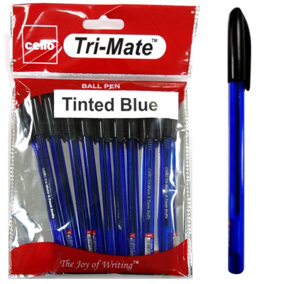 Cello Blue Ballpoint Pens Trimate Tinted Blue Biros Writing Office Work Home School from B&Q