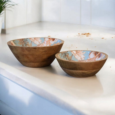 Artisan Furniture Beige Solid Wood Floral Bird Bowl 2 Pack - Image 4