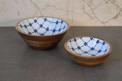 B&Q -  Solid Wood Blue And White Bowl Set Of 2