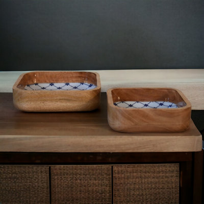 B&Q -  Solid Wood Blue And White Square Bowl Set Of 2