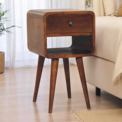 Artisan Furniture Mini Chestnut Single Drawer Single Shelf Mango Wood Curved Lower Bedside Table - Image 5