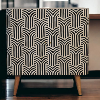 Solid Wood Edessa Bone Inlay Cabinet, 2 Shelves, Nordic Legs, Black And White - Image 3