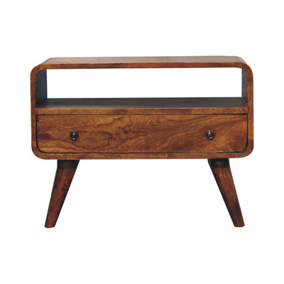 Solid Wood Mini Chestnut Curved Media Unit 1 Drawer Open Slot Dark Brown - Image 3