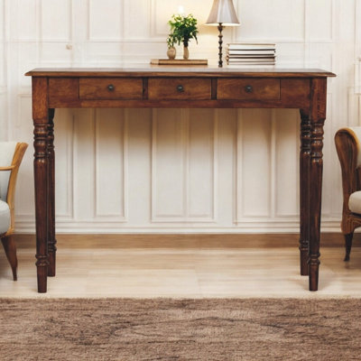B&Q -  Solid Wood Turned Legs Chestnut Console3 DrawersDark Brown