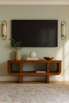 B&Q -  Solid Wood Orion Curved Chestnut Media Unit3 Open ShelvesDark Brown