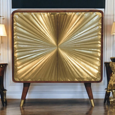 Artisan Furniture Solid Mango Wood Cabinet - Brass Embossed Front - Chestnut Finish - 2 Shelves - Brown - Image 4