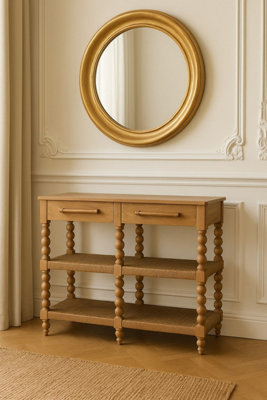 B&Q -  Solid Wood Savoy Bobbin Console With Jute Shelves2-Drawers2 ShelvesLight Brown