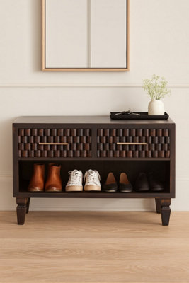 B&Q -  Solid Wood Cadiz Carved Shoe Storage Bench2 Drawers1 Open SlotDark Brown