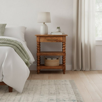 B&Q -  Solid Wood Barley Twist Side Table1 Drawer2 ShelvesLight Brown