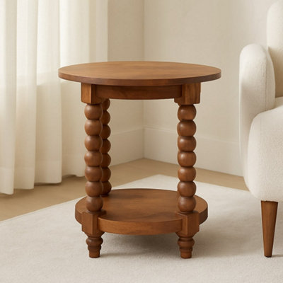 B&Q -  Solid Wood Barley Twist Round Side TableOpen StorageWith LegsBrown