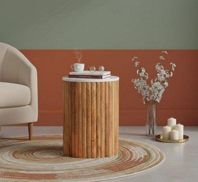 B&Q -  Solid Wood Fluted Marble Side TableBrown