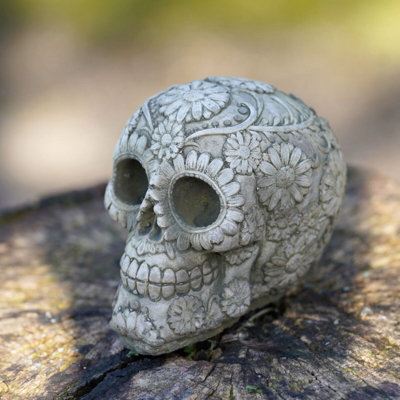 Burgess Blossom Skull Stone Statue Outdoor Gothic Skeleton Garden Ornament Decoration from B&Q