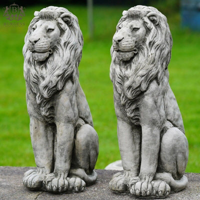 Burgess Pair Of Regal Lion Stone Statues British Made Large Garden Ornaments from B&Q