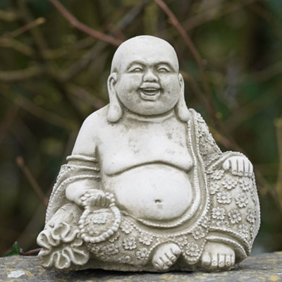 Burgess Laughing Buddha Stone Statue Oriental Monk Outdoor Garden Decoration British Made Ornament from B&Q