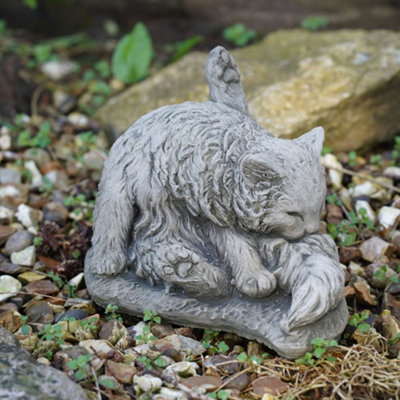 Burgess Washing Cat Stone Statue Kitten Animal Outdoor Garden Ornament Decoration British Made Sculpture from B&Q