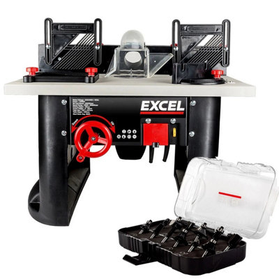 Excel Tools Excel Table Router Cutter 240V/1500W Black With 1/4In Shank Tct Router Cutter Bit 12 Piece Set from B&Q