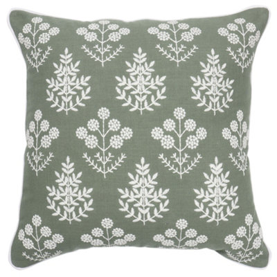  - Green & White Embroidered Floral Indoor Cushion (L)45Cm (W)45Cm