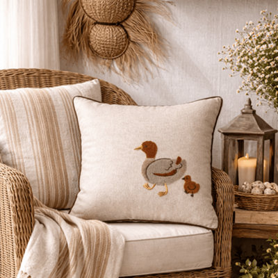  - Natural Embroidered Duck & Duckling Indoor Cushion 1 (L)45Cm (W)45Cm