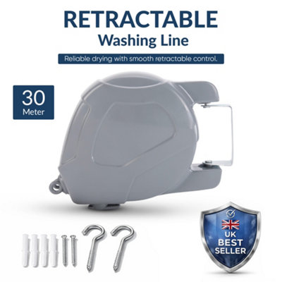  - 30M Retractable Washing Line  Grey Wall Mounted Outdoor Clothes Line With Locking Mechanism