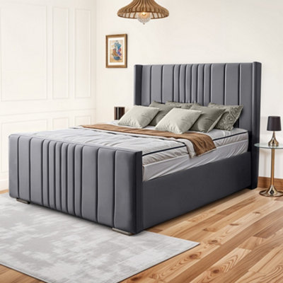 UKBEDFURNITURE Balmoral Wingback Grey Plush Valvet Upholstered Gas Lift Ottoman Storage Bed With 48 Inch Headboard from B&Q