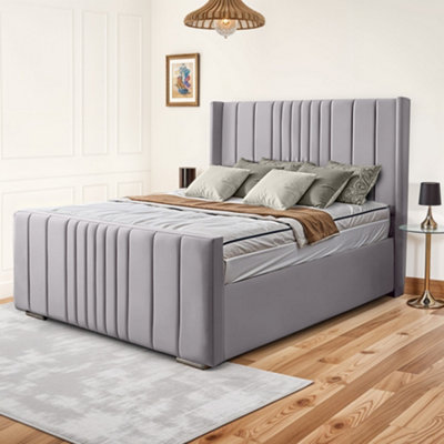 UKBEDFURNITURE Balmoral Wingback Silver Plush Valvet Upholstered Gas Lift Ottoman Storage Bed With 10 Inch Orthopedic Mattres48 Inch Headboard from B&Q