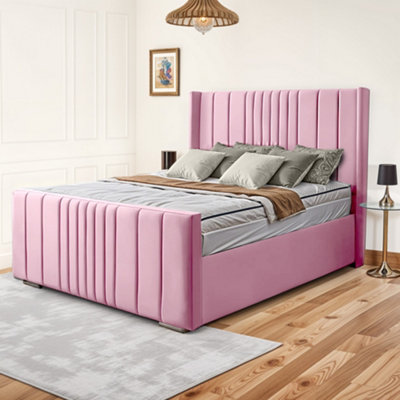 UKBEDFURNITURE Balmoral Wingback Pink Plush Valvet Upholstered Gas Lift Ottoman Storage Bed With 10 Inch Orthopedic Mattres48 Inch Headboard from B&Q