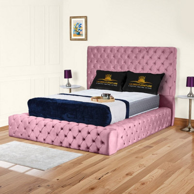 UKBEDFURNITURE Ambassador Pink Plush Valvet Upholstered Gas Lift Ottoman Storage Bed With 54 Inch Headboard from B&Q