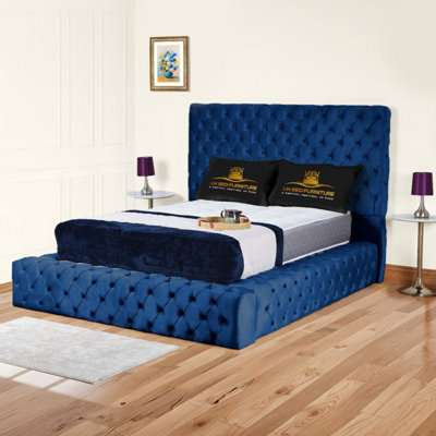 UKBEDFURNITURE Ambassador Blue Plush Valvet Upholstered Gas Lift Ottoman Storage Bed With 54 Inch Headboard from B&Q