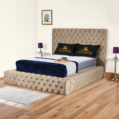 UKBEDFURNITURE Ambassador Beige Plush Valvet Upholstered Gas Lift Ottoman Storage Bed With 10 Inch Orthopedic Mattres54 Inch Headboard from B&Q
