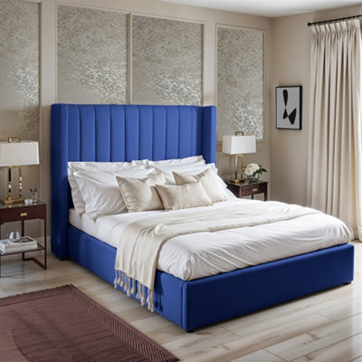 UKBEDFURNITURE Barcelona Wingback Blue Plush Valvet Upholstered Bed FrameSlatted Base With 10 Inch Orthopedic Mattress48 Inch Headboard from B&Q