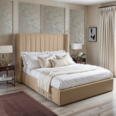UKBEDFURNITURE Barcelona Wingback Beige Plush Valvet Upholstered Bed FrameSlatted Base With 10 Inch Orthopedic Mattress48 Inch Headboard from B&Q