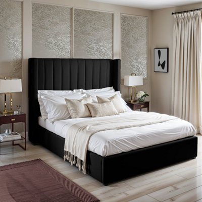 UKBEDFURNITURE Barcelona Wingback Black Plush Valvet Upholstered Gas Lift Storage Bed With 48 Inch Headboard from B&Q
