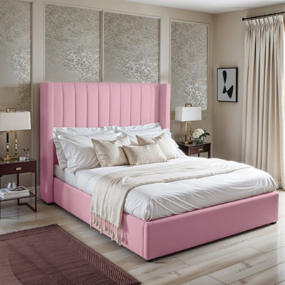 UKBEDFURNITURE Barcelona Wingback Pink Plush Valvet Upholstered Gas Lift Storage Bed With 48 Inch Headboard from B&Q