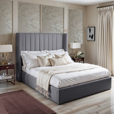 UKBEDFURNITURE Barcelona Wingback Grey Plush Valvet Upholstered Gas Lift Storage Bed With 10 Inch Orthopedic Mattres48 Inch Headboard from B&Q
