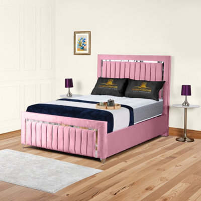UKBEDFURNITURE Chrome Edge Pink Plush Valvet Upholstered Bed Frame OnlySlatted Base48 Inch Headboard from B&Q