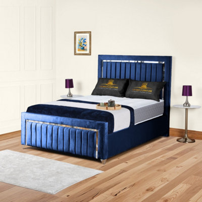 UKBEDFURNITURE Chrome Edge Blue Plush Valvet Upholstered Bed FrameSlatted Base With 10 Inch Orthopedic Mattress48 Inch Headboard from B&Q