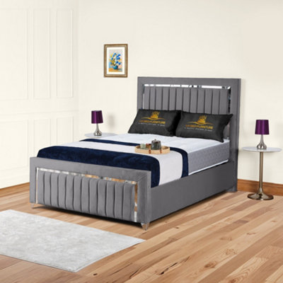 UKBEDFURNITURE Chrome Edge Grey Plush Valvet Upholstered Gas Lift Ottoman Storage Bed With 10 Inch Orthopedic Mattres48 Inch Headboard from B&Q