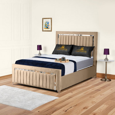 UKBEDFURNITURE Chrome Edge Beige Plush Valvet Upholstered Gas Lift Ottoman Storage Bed With 10 Inch Orthopedic Mattres48 Inch Headboard from B&Q