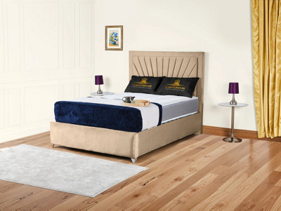 UKBEDFURNITURE Sunrise Beige Plush Valvet Upholstered Bed Frame OnlySlatted Base48 Inch Headboard from B&Q