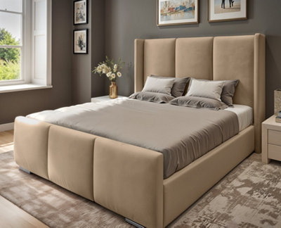 UKBEDFURNITURE Miami Wingback Beige Plush Valvet Upholstered Bed Frame OnlySlatted Base48 Inch Headboard from B&Q