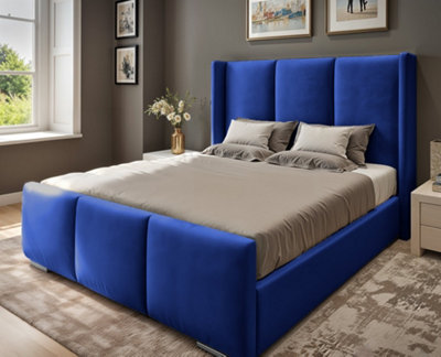 UKBEDFURNITURE Miami Wingback Blue Plush Valvet Upholstered Bed FrameSlatted Base With 10 Inch Orthopedic Mattress48 Inch Headboard from B&Q